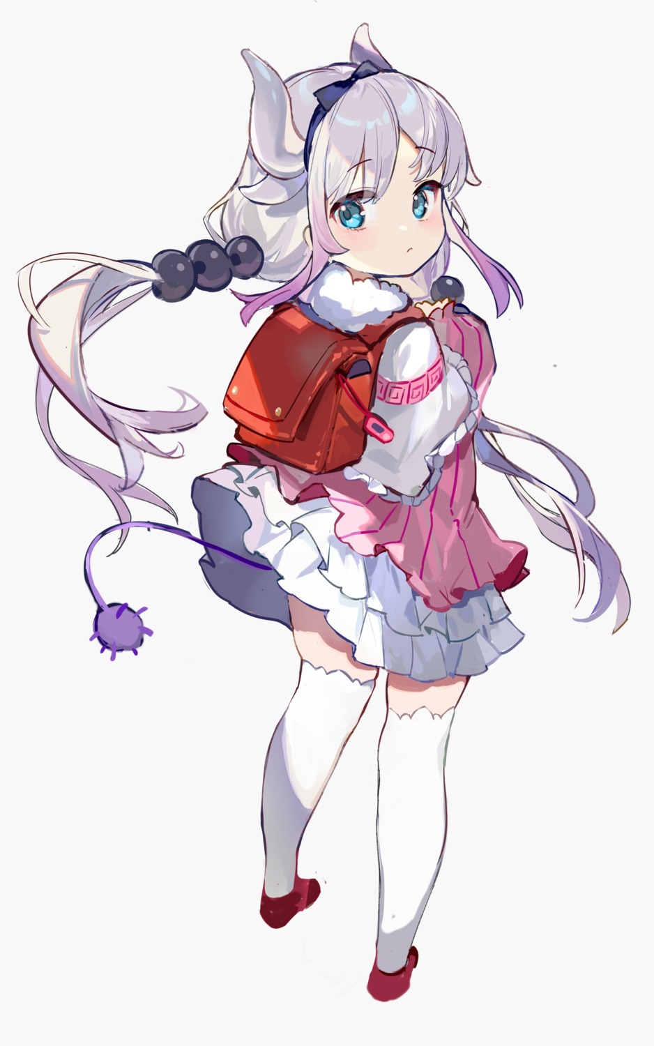 dress, horns, kanna_kamui, karasu_btk, kobayashi-san_chi_no_maidragon, skirt_lift, tail, thighhighs
