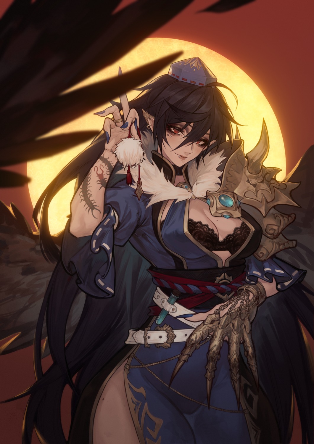 armor, asian_clothes, bra, iizunamaru_megumu, joker_(stjoker), open_shirt, pointy_ears, tattoo, touhou, wings