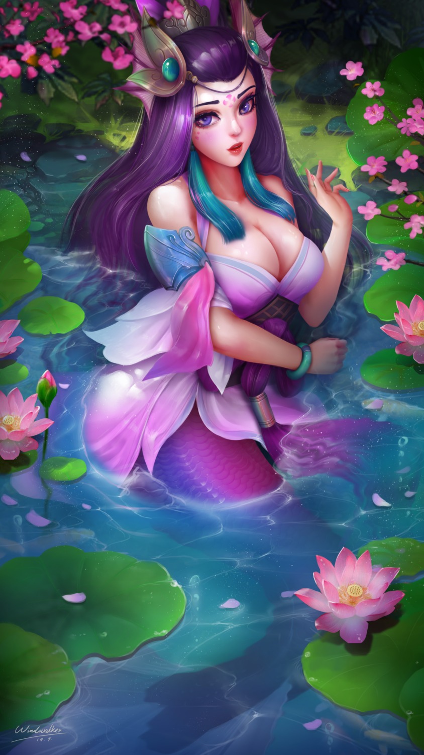 japanese_clothes, league_of_legends, mermaid, monster_girl, nami_(league_of_legends), no_bra, tail, wet