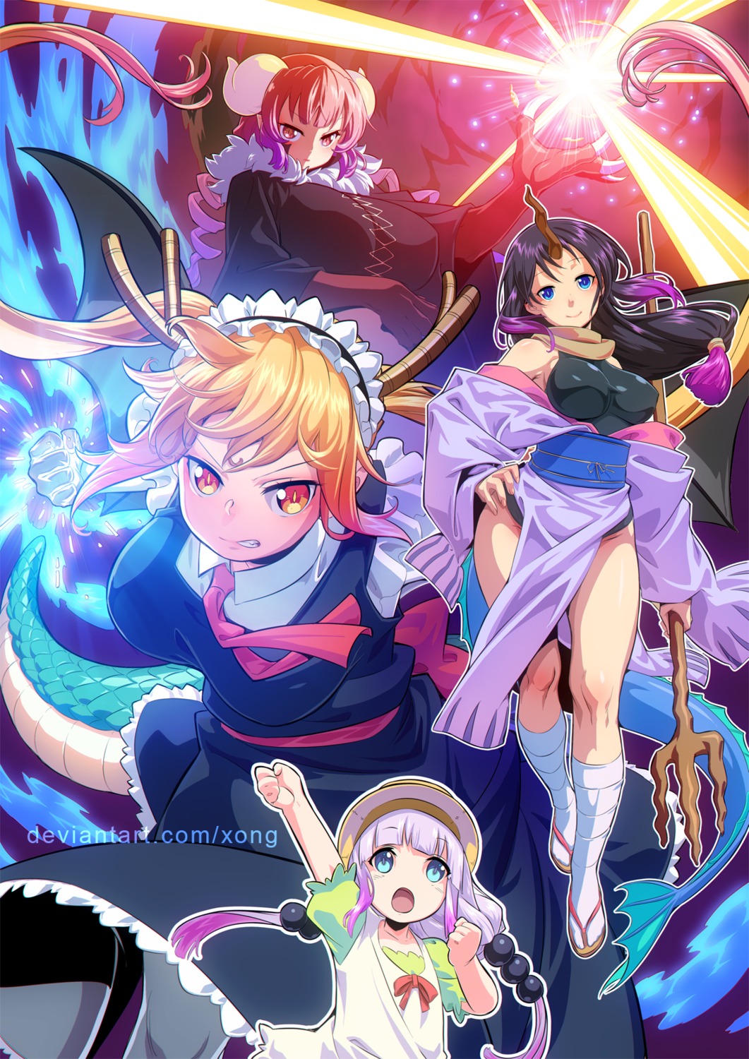 elma_(maidragon), horns, ilulu, japanese_clothes, kanna_kamui, kobayashi-san_chi_no_maidragon, leotard, maid, monster_girl, tail, tooru_(maidragon), weapon, wings, xong