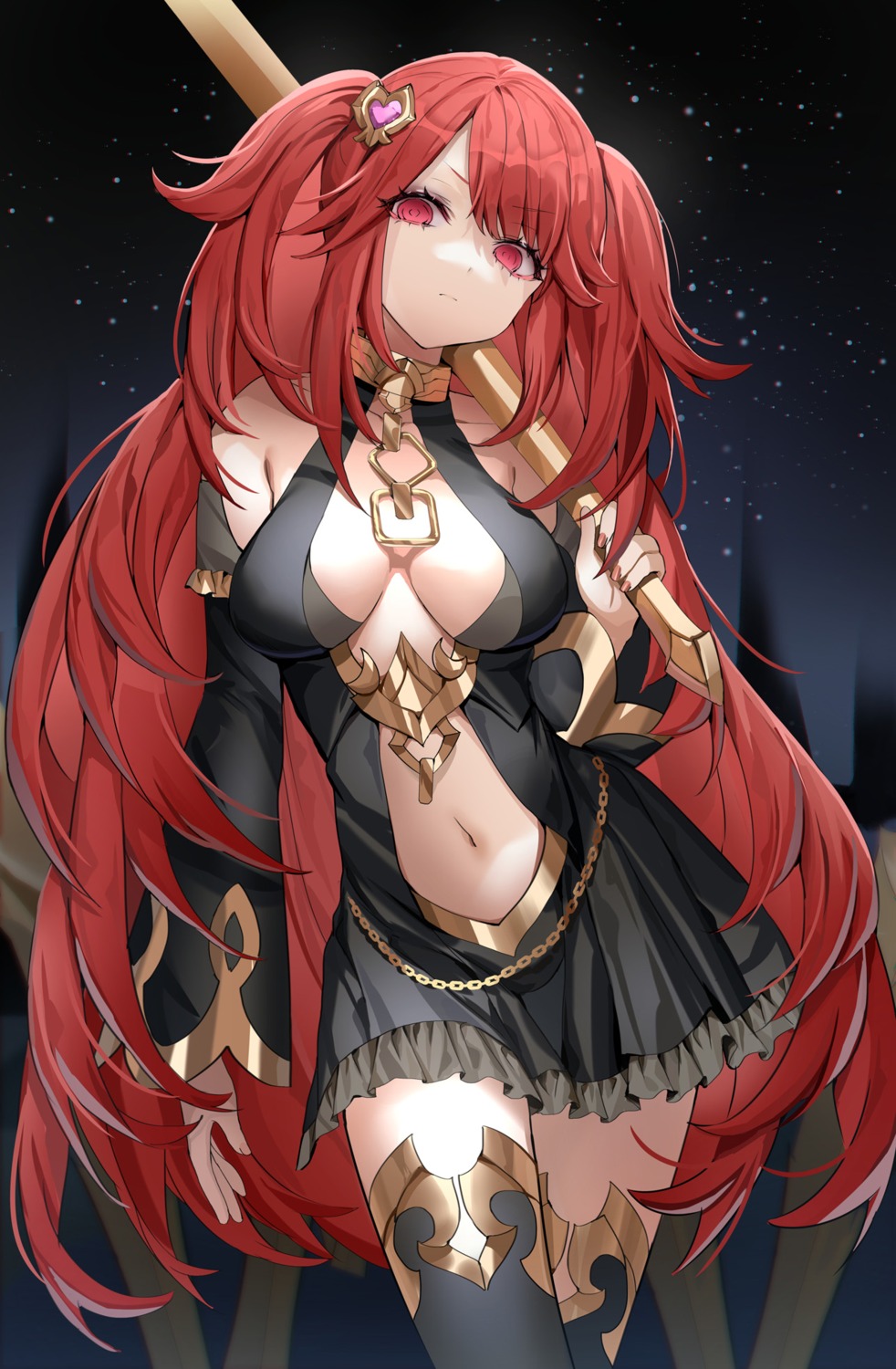 cleavage, dress, lloule, no_bra, thighhighs, weapon