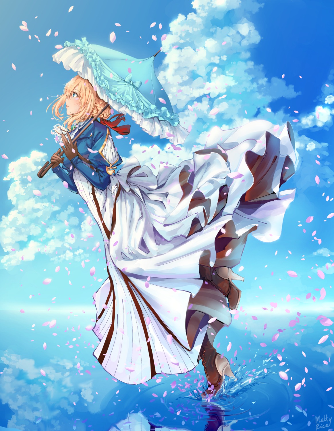 dress, heels, meltyrice, skirt_lift, umbrella, violet_evergarden, violet_evergarden_(character)