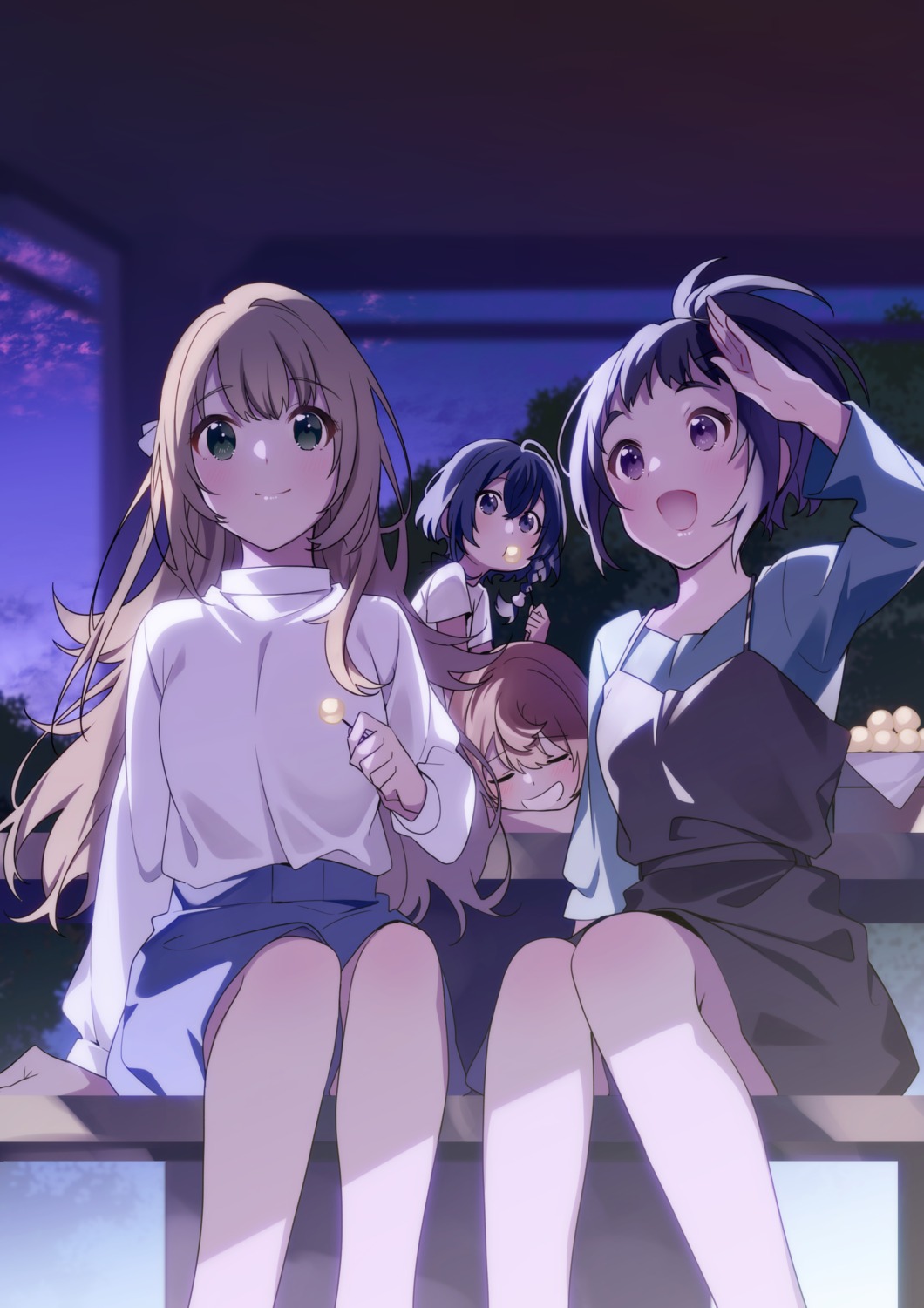 dress, kudaka_karin, misakino_kukuru, miyazawa_fuuka, shiroi_suna_no_aquatope, skirt_lift, sweater, teruya_tsukimi, u35