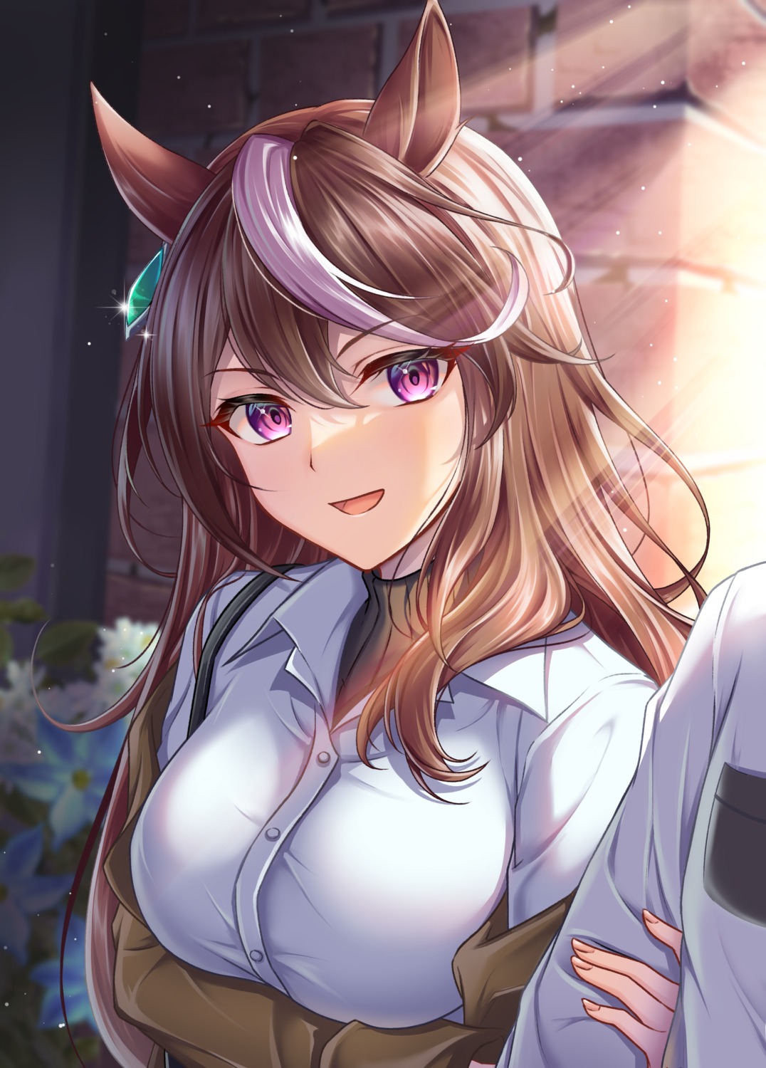 animal_ears, breast_hold, dress_shirt, fran_690, sweater, symboli_rudolf_(umamusume), uma_musume_pretty_derby