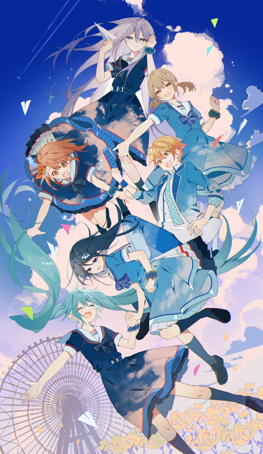 azusawa_kohane, hanasato_minori, hatsune_miku, hoshino_ichika_(project_sekai), omutatsu, project_sekai, seifuku, skirt_lift, tenma_tsukasa, vocaloid, yoisaki_kanade