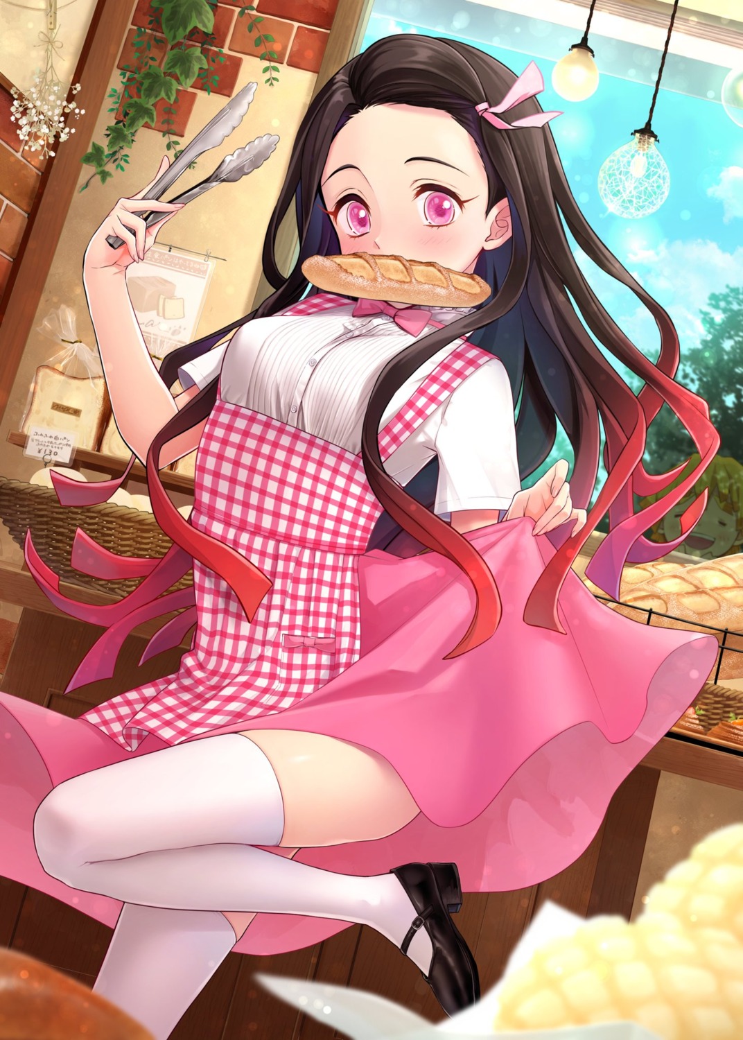 kamado_nezuko, kimetsu_no_yaiba, maid, skirt_lift, thighhighs, uniform, yuki_sizuku
