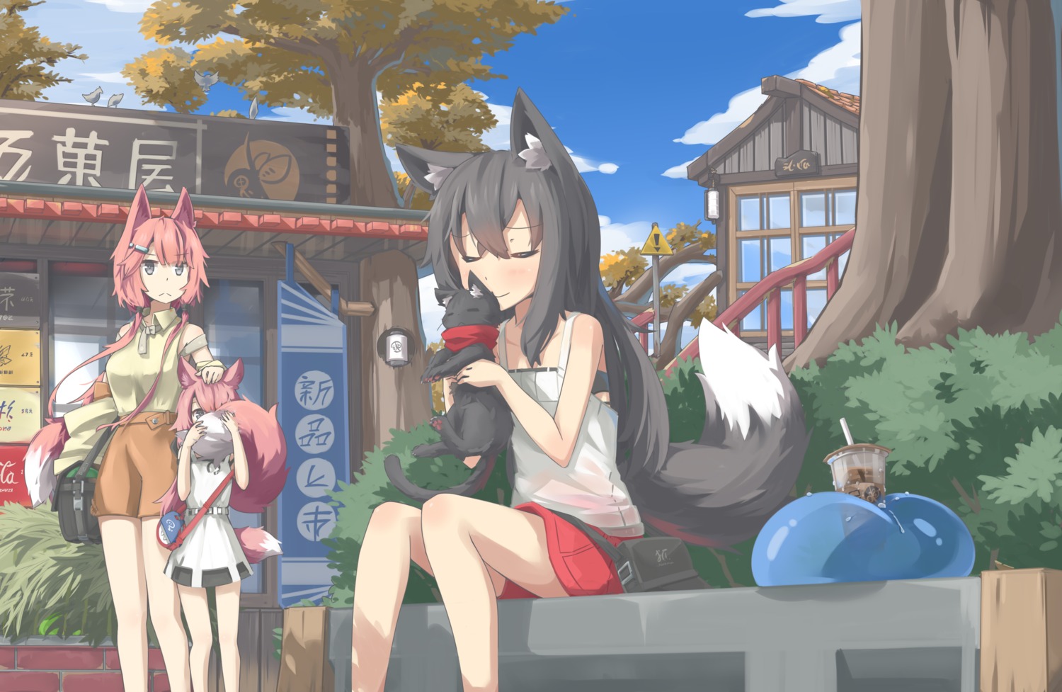 animal_ears, bra, dress, hinbackc, kitsune, neko, see_through, tail