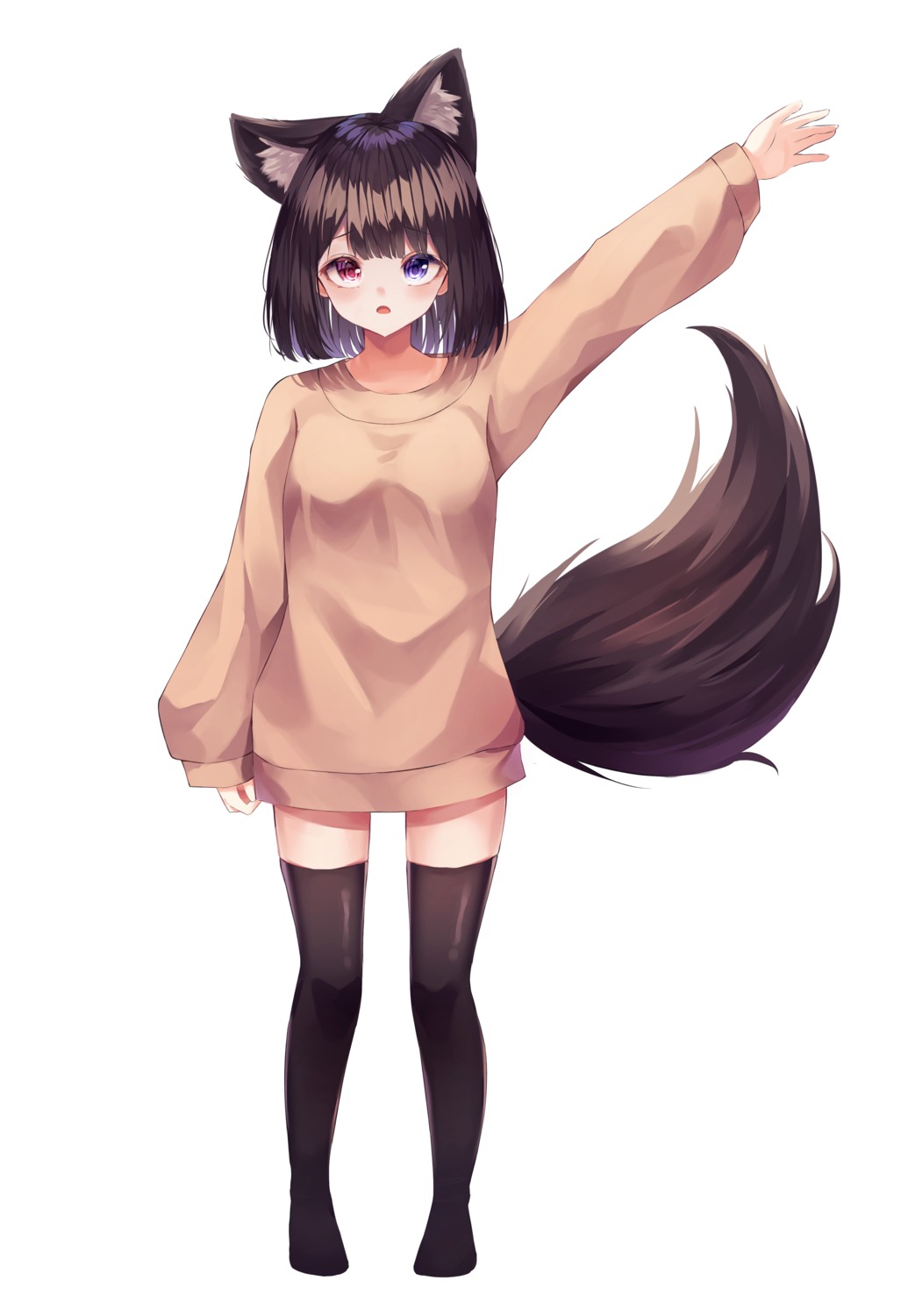 animal_ears, dress, heterochromia, shiro_(acad1213), sweater, tail, thighhighs