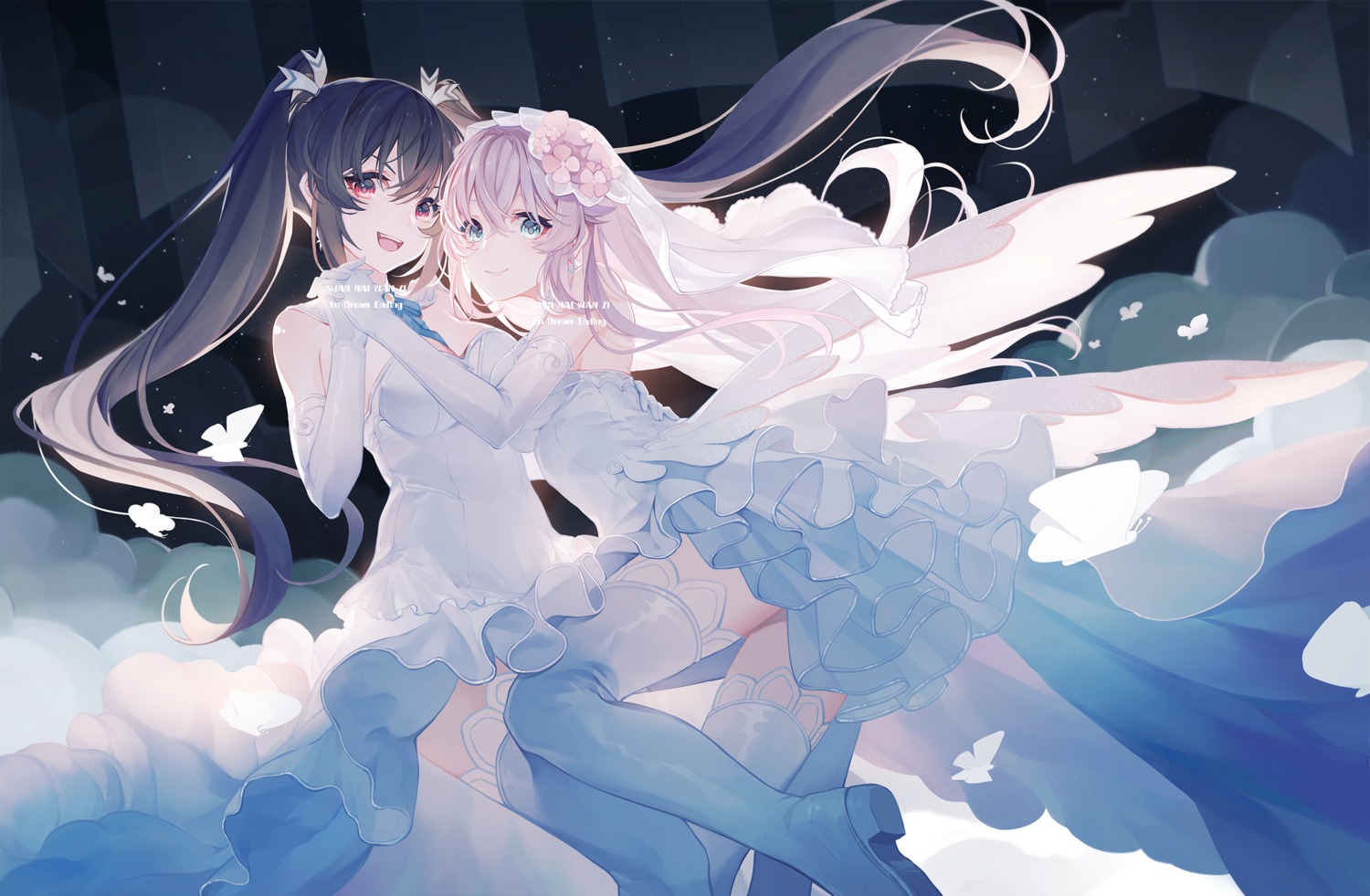 black_heart, choujigen_game_neptune, dress, no_bra, noire, official_watermark, skirt_lift, suannai_wanzi, thighhighs, wedding_dress