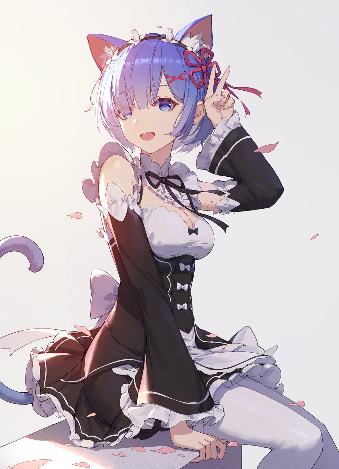 animal_ears, cleavage, lance_(lancelliu), maid, nekomimi, pantyhose, re:zero_kara_hajimeru_isekai_seikatsu, rem_(re_zero)