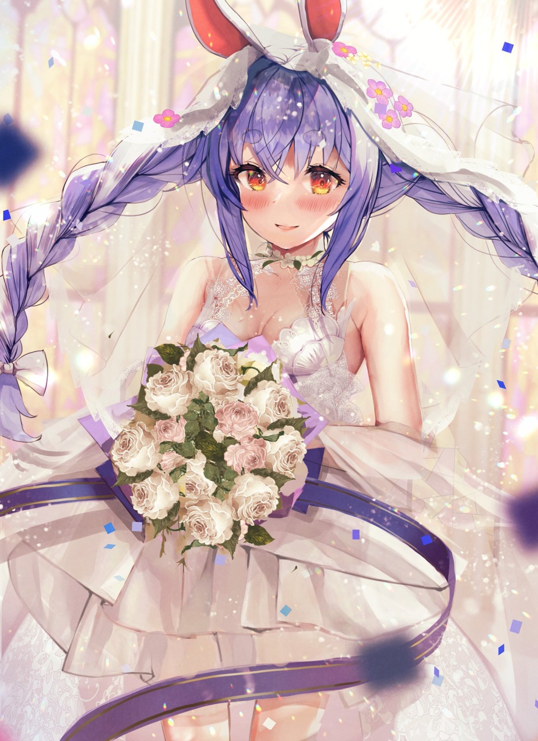 animal_ears, bunny_ears, dress, hololive, merry_haruhina, no_bra, see_through, usada_pekora, wedding_dress