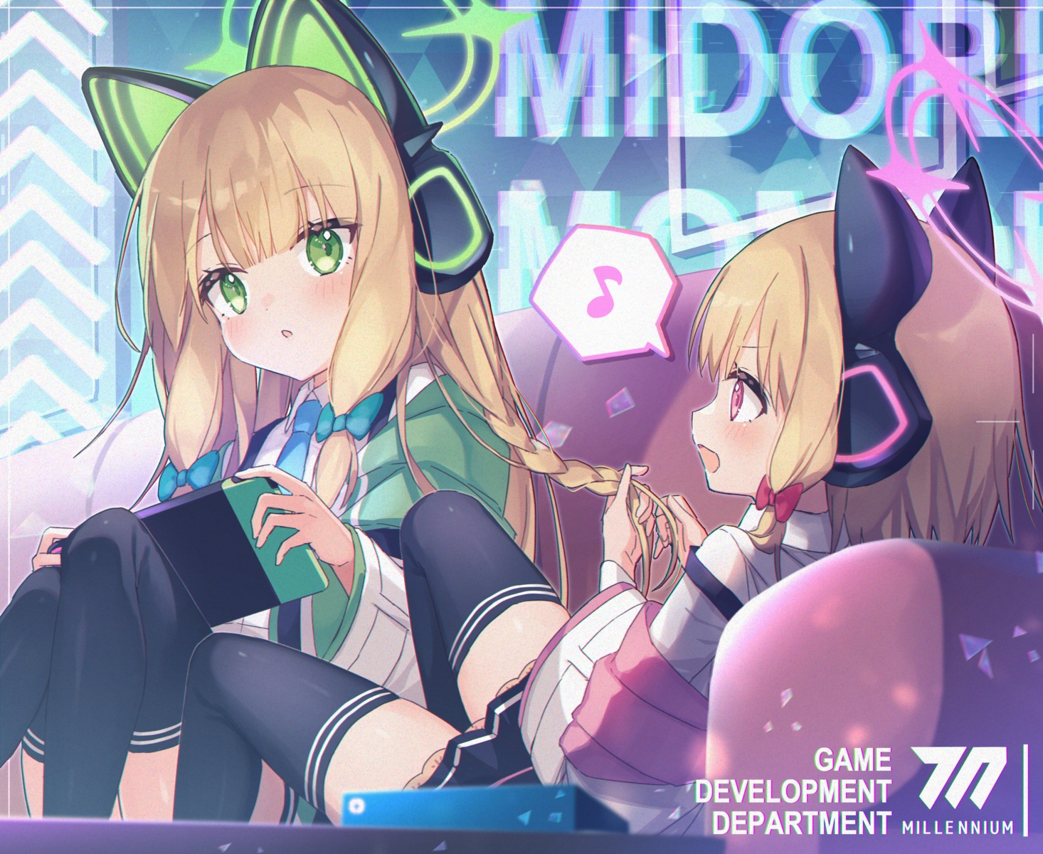 animal_ears, blue_archive, halo, headphones, nekomimi, saiba_midori, saiba_momoi, saiki_komari