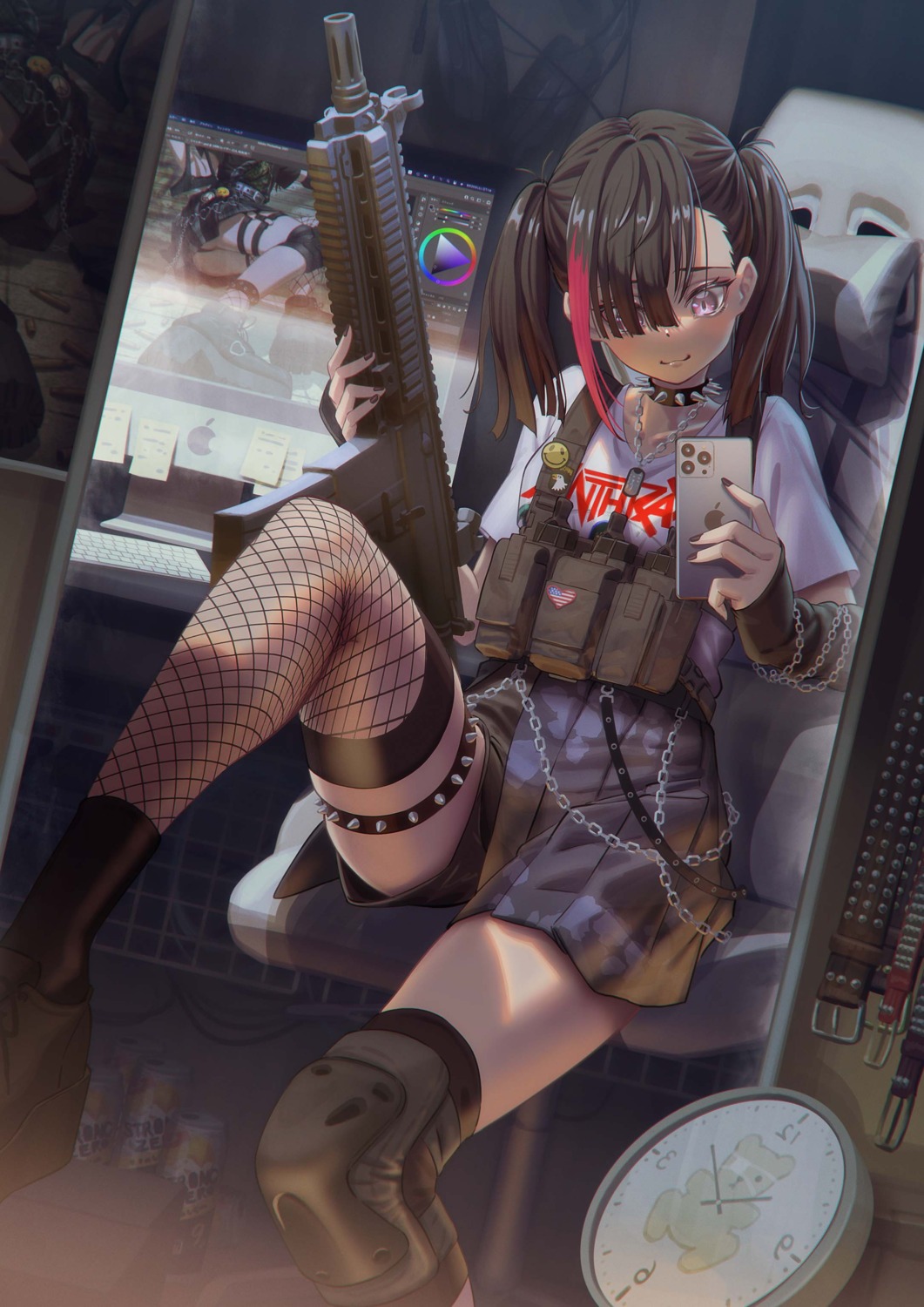fishnets, garter, gun, hironii_(hirofactory), selfie, thighhighs