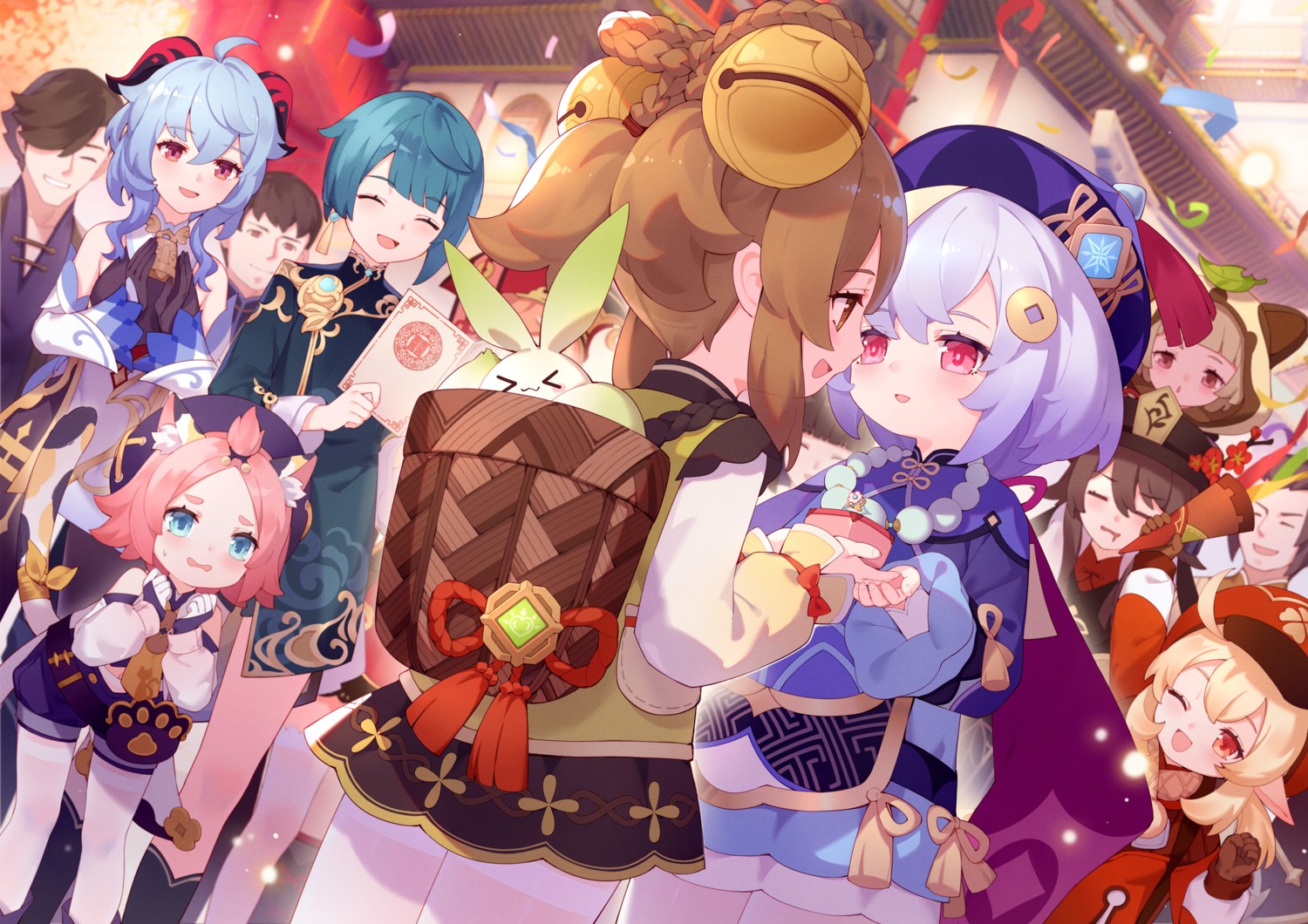 animal_ears, artist_revision, asian_clothes, diona, ganyu, genshin_impact, horns, hu_tao
