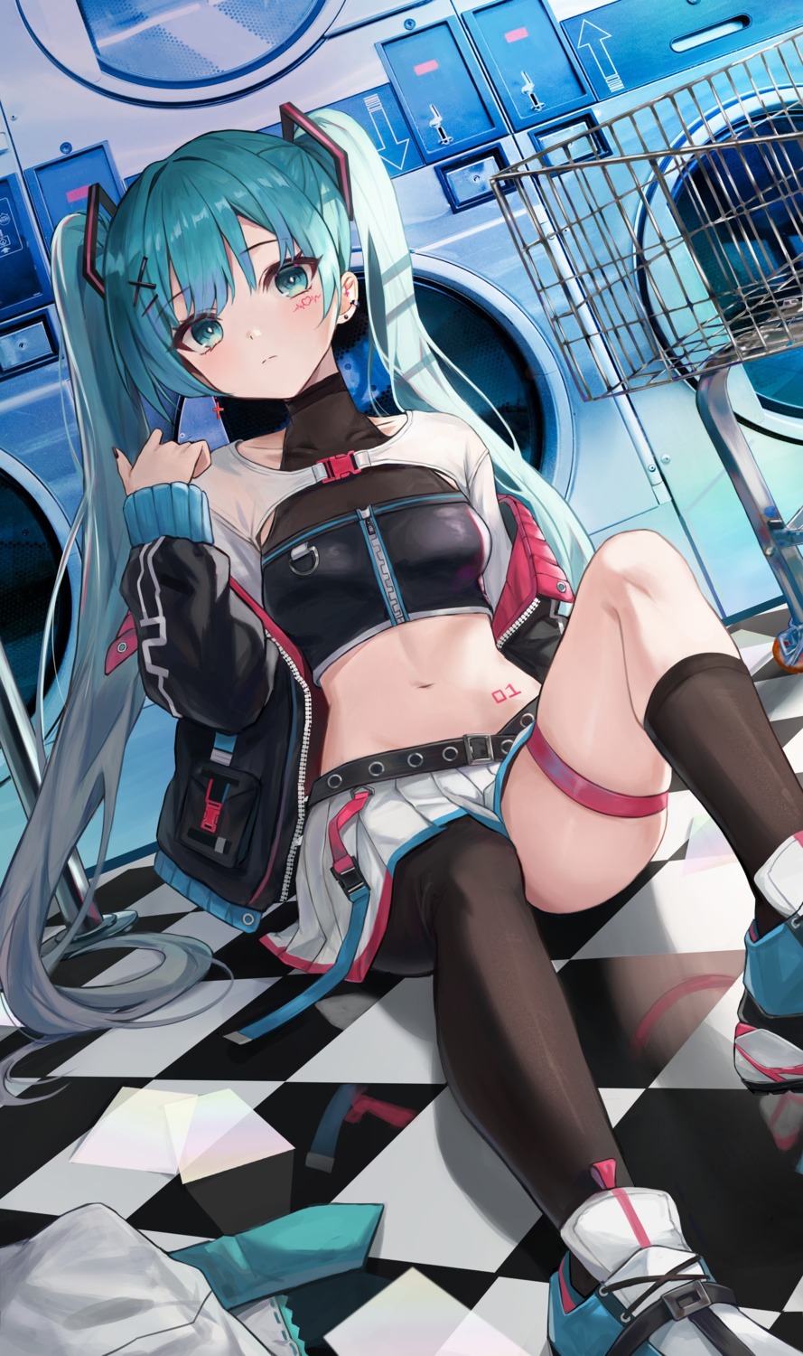 garter, hatsune_miku, mrr_05, skirt_lift, tattoo, vocaloid