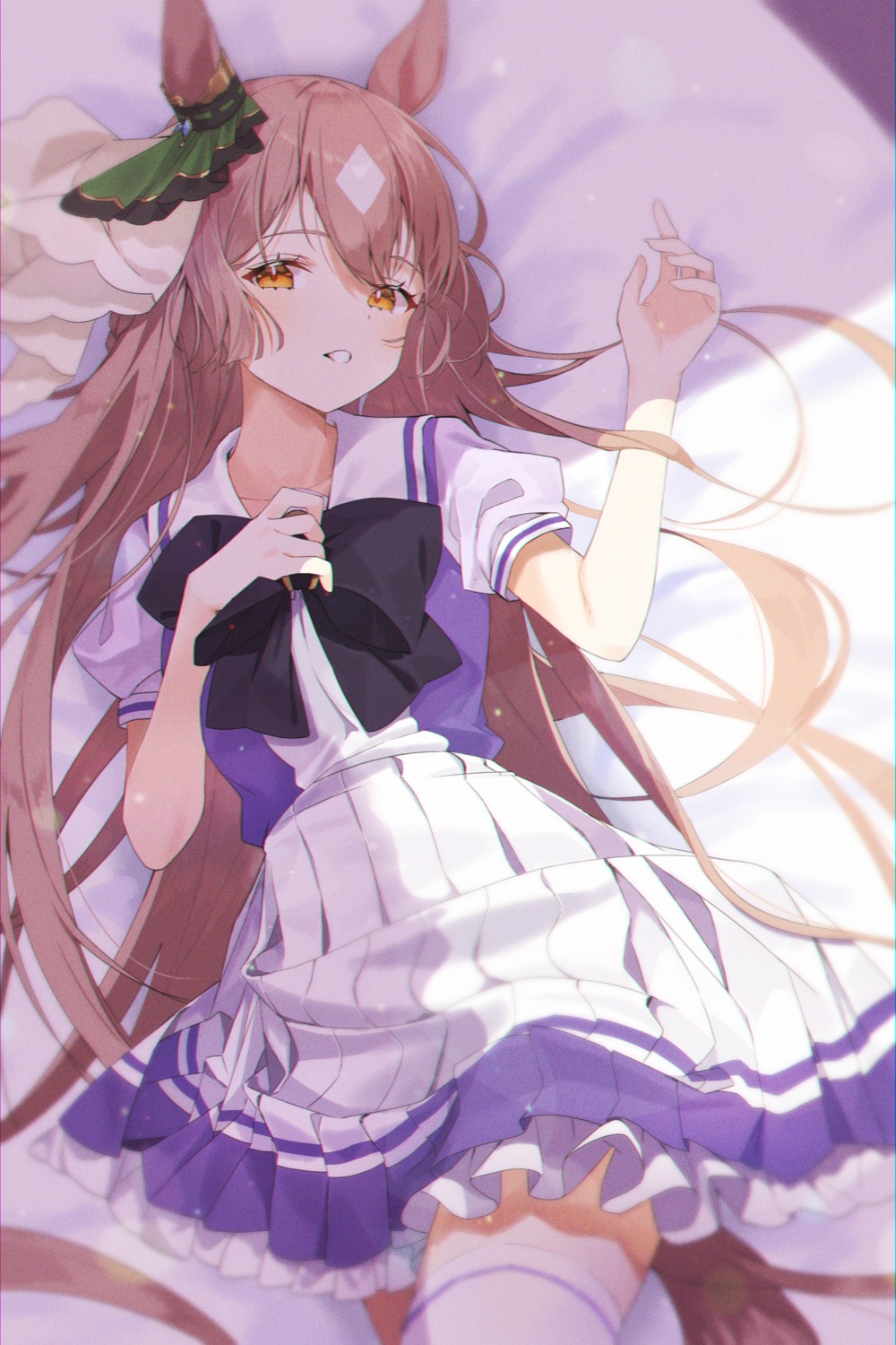 animal_ears, kirari_(kira_rin9), satono_diamond_(umamusume), seifuku, skirt_lift, tail, thighhighs, uma_musume_pretty_derby