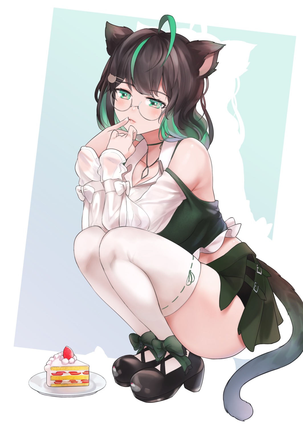 animal_ears, heels, megane, nekomimi, nijisanji, nijisanji_kr, riba, shin_yuya, skirt_lift, tail, thighhighs