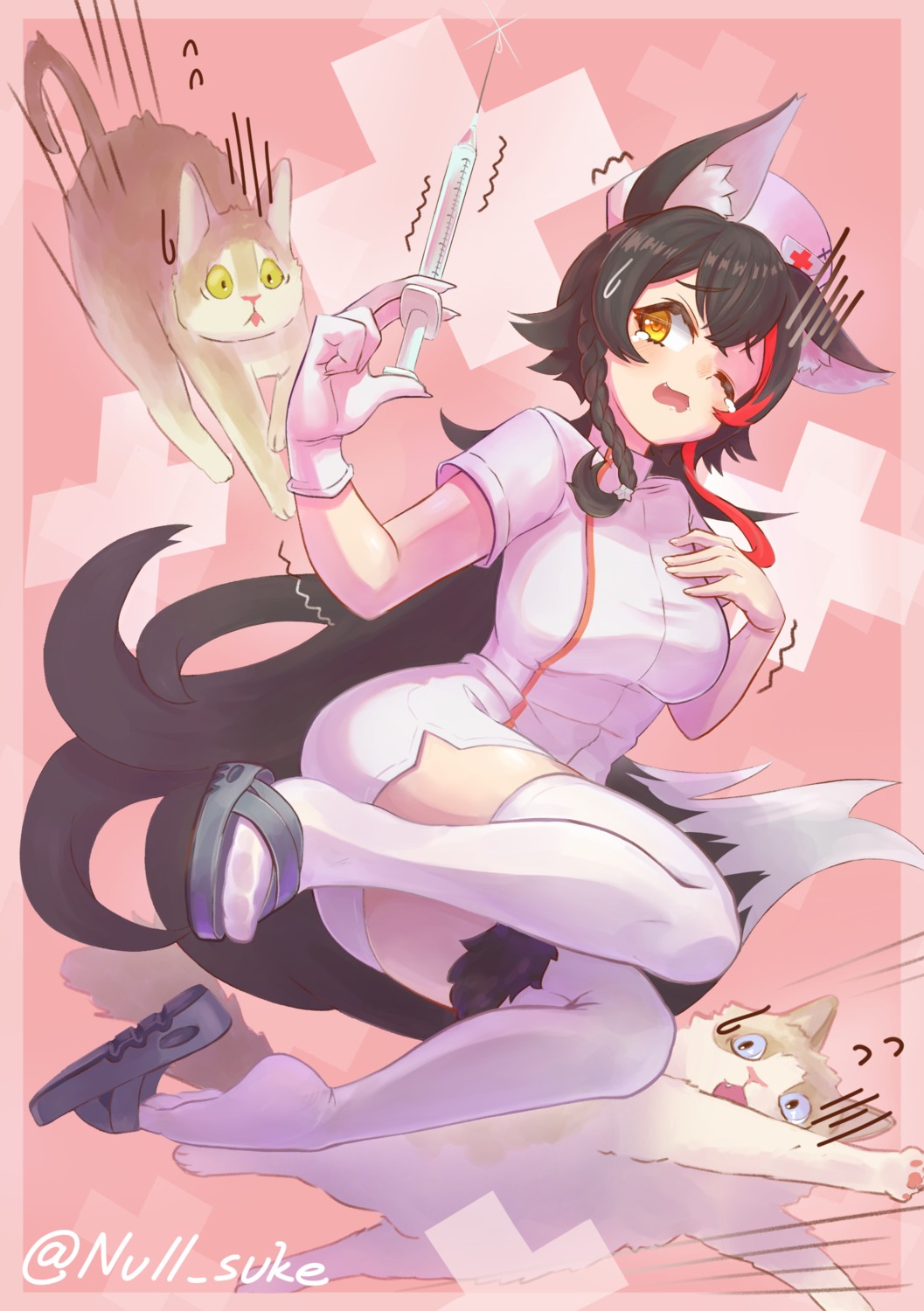 animal_ears, hololive, hololive_gamers, neko, null_suke, nurse, ookami_mio, tail, thighhighs