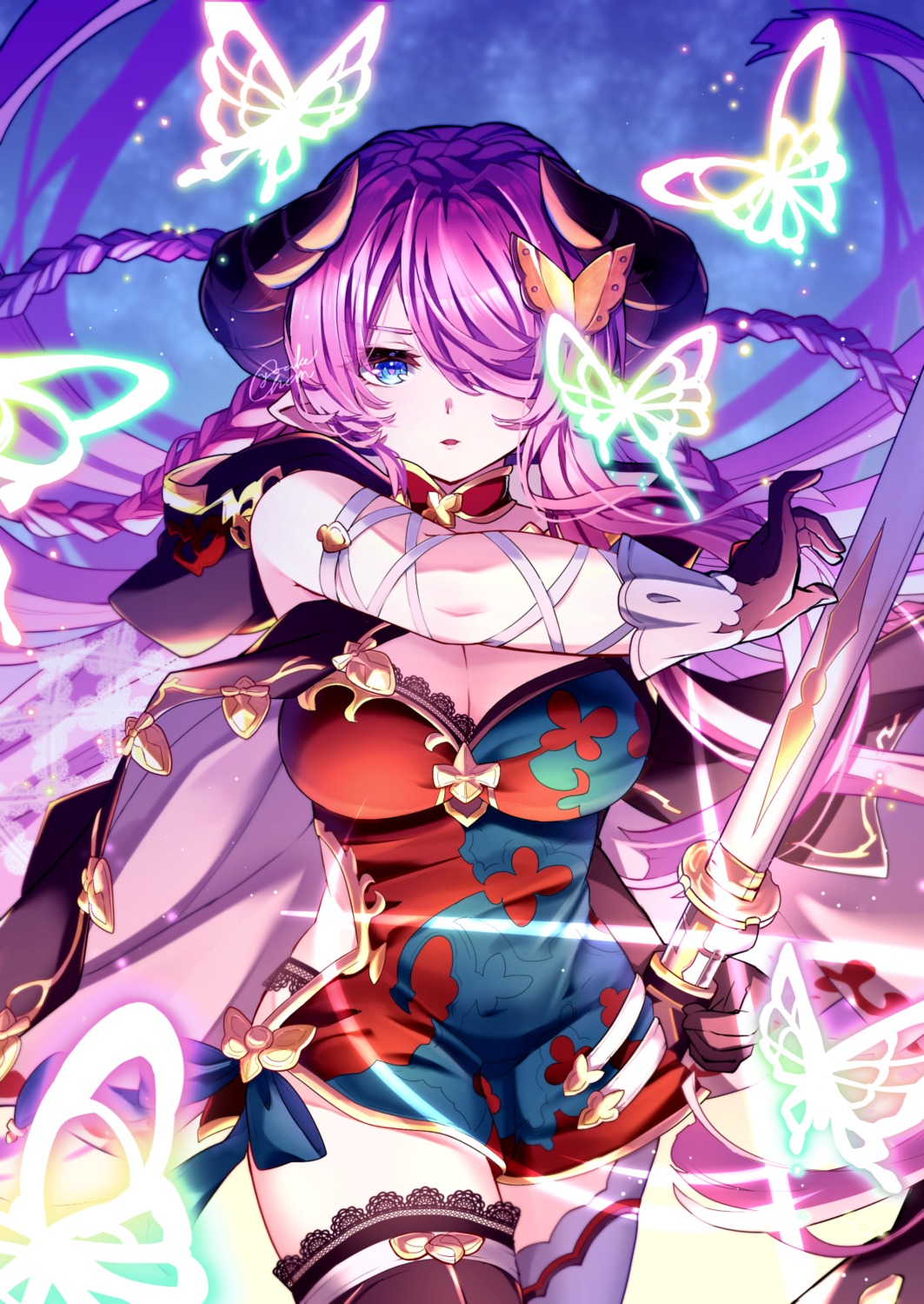 cleavage, granblue_fantasy, horns, narumeia_(granblue_fantasy), pantsu, pointy_ears, sword, thighhighs