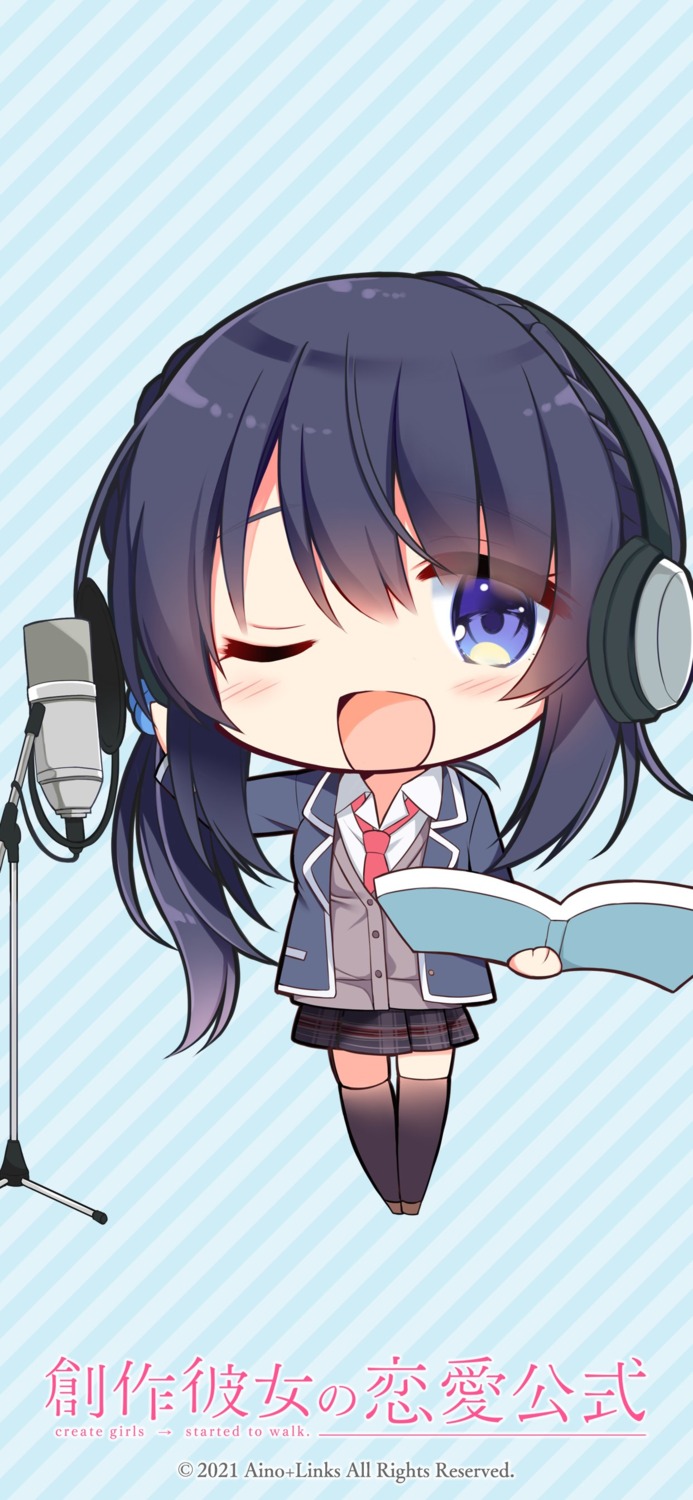 aino+links, chibi, headphones, kujou_danbo, seifuku, sousaku_kanojo_no_renai_koushiki, sweater, thighhighs