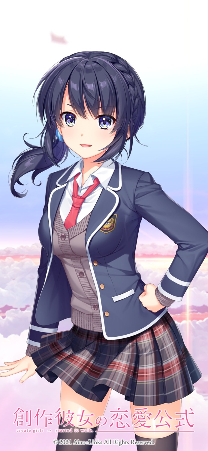 aino+links, alpha, seifuku, skirt_lift, sousaku_kanojo_no_renai_koushiki, sweater, thighhighs, tsukimizaka_kiriha