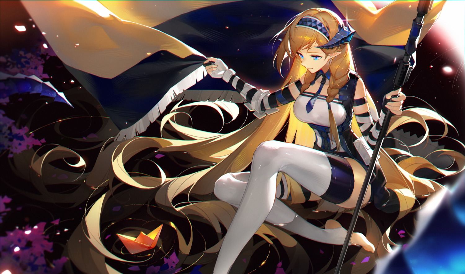 arknights, hidor, horns, pointy_ears, saileach_(arknights), thighhighs, weapon