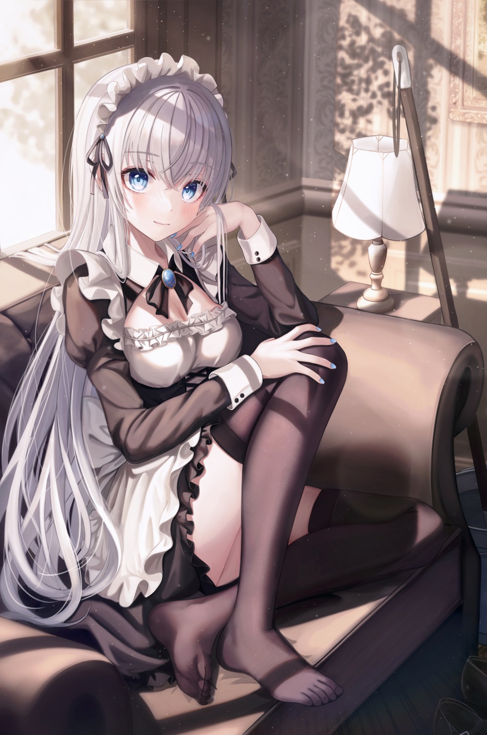 cleavage, feet, funii, maid, skirt_lift, thighhighs