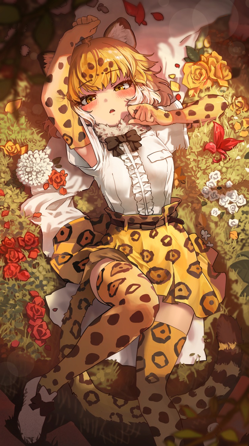 animal_ears, jaguar_(kemono_friends), kemono_friends, melaton, skirt_lift, tail, thighhighs