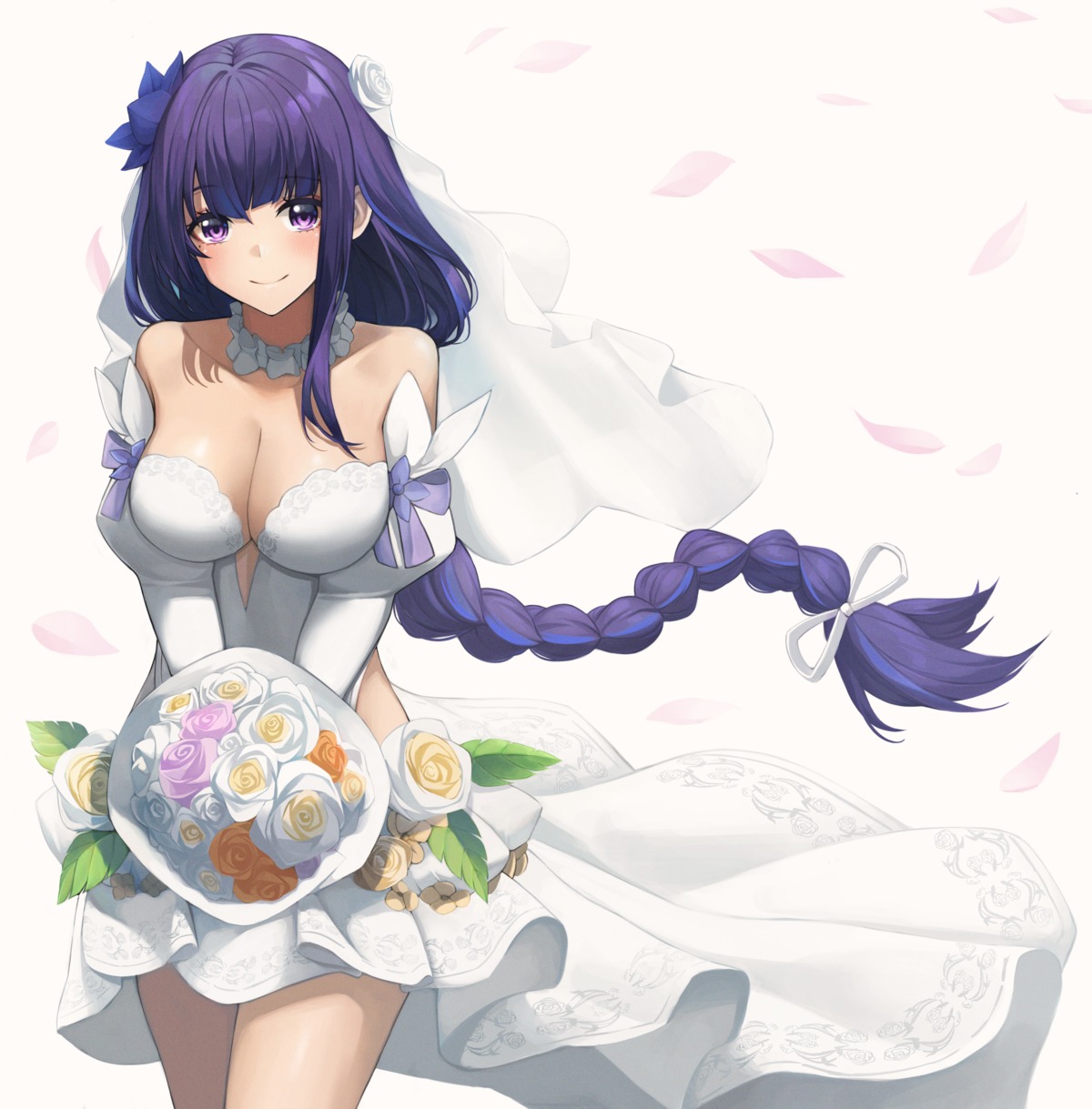 dress, genshin_impact, no_bra, raiden_shogun, skirt_lift, sora_(men0105), wedding_dress