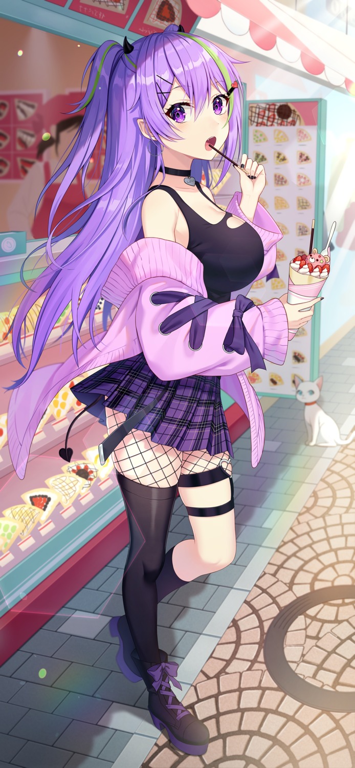 fishnets, garter, horns, no_bra, pine_(angel4195202), pointy_ears, sweater, tail