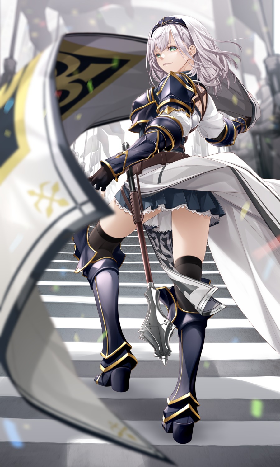 armor, fenrir_(fenlil0316), heels, hololive, shirogane_noel, skirt_lift, thighhighs, weapon