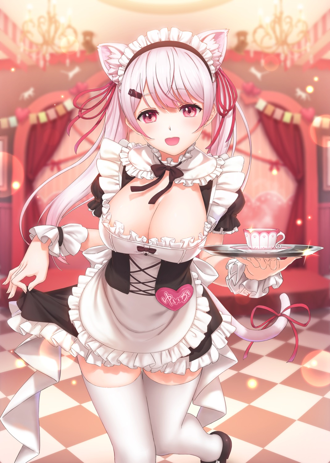 animal_ears, kamome_yuu, maid, nekomimi, nijisanji, nijisanji_gamers, no_bra, shiina_yuika, skirt_lift, tail, thighhighs