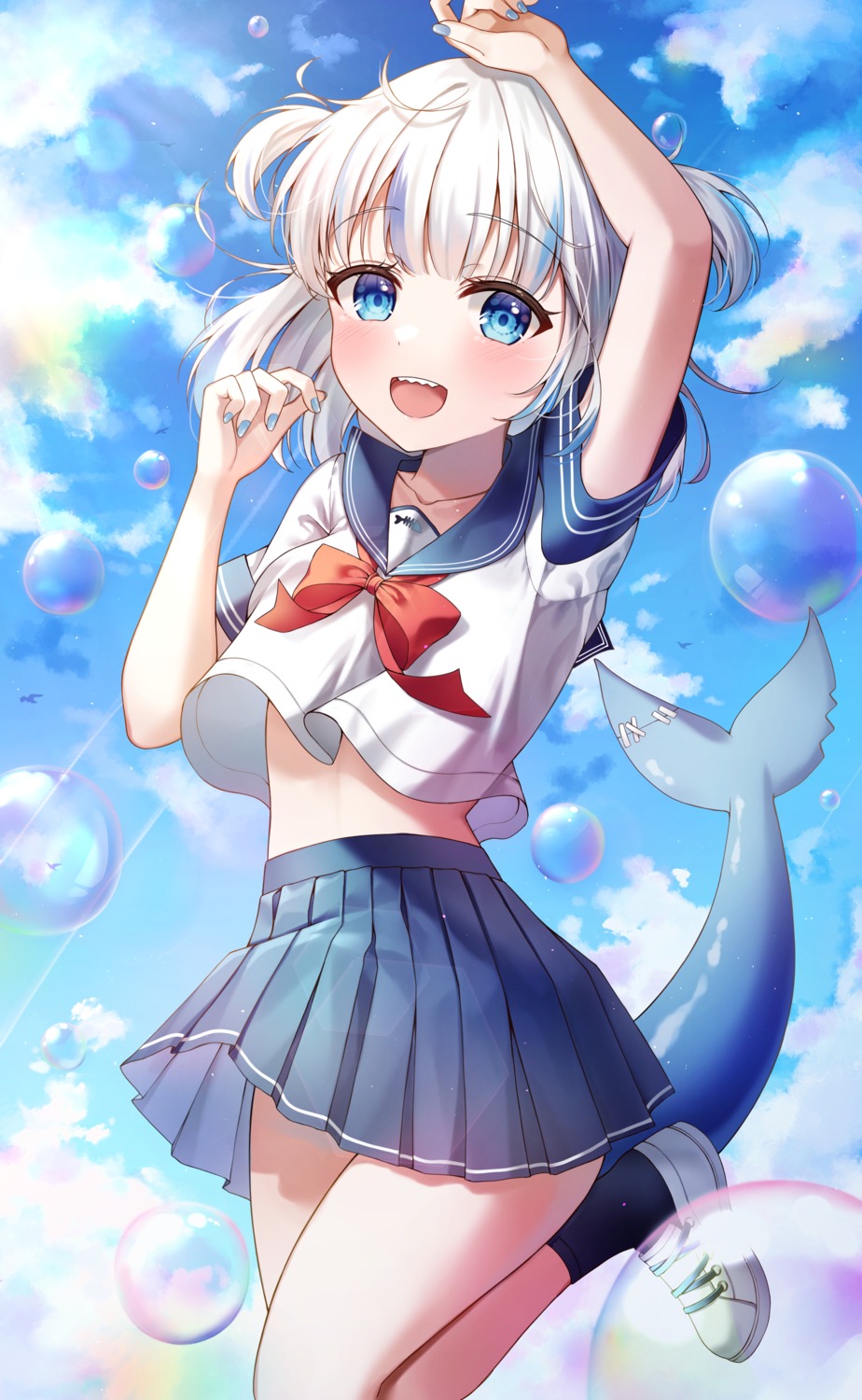 bingyam, gawr_gura, hololive, hololive_english, seifuku, shirt_lift, skirt_lift, tail