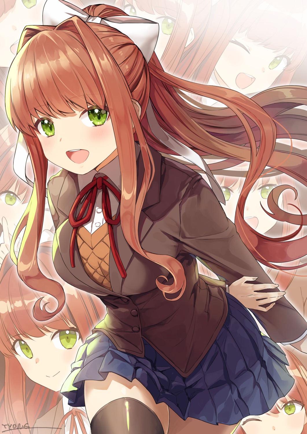 doki_doki_literature_club!, monika_(doki_doki_literature_club!), seifuku, sweater, thighhighs, tyone