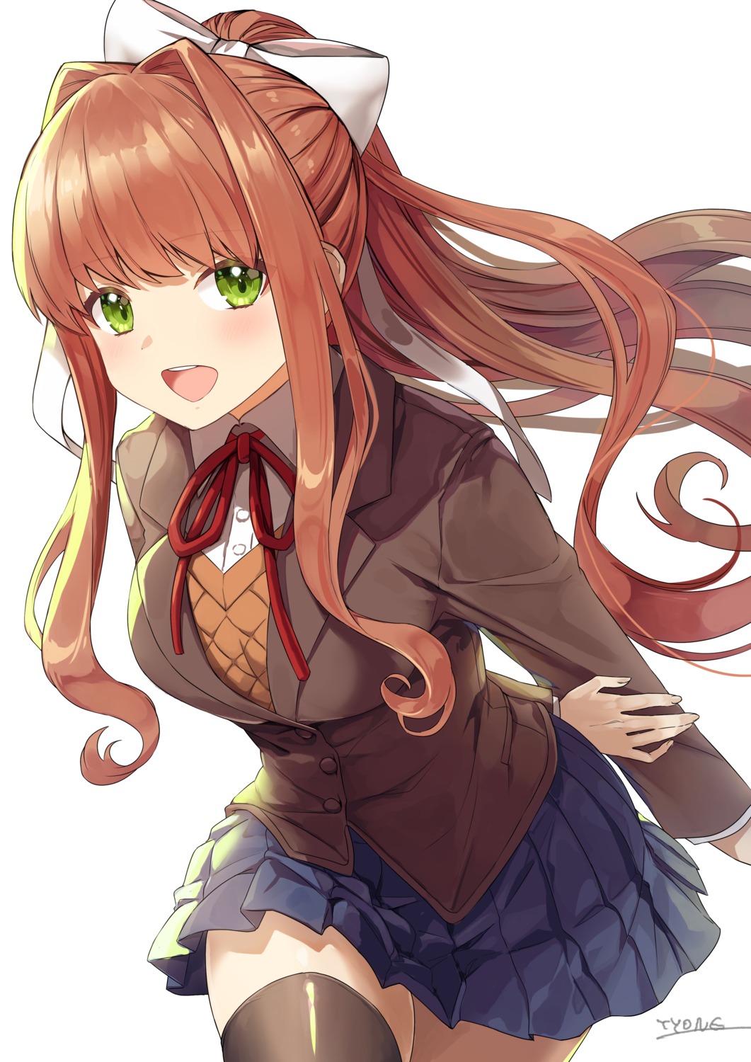 doki_doki_literature_club!, monika_(doki_doki_literature_club!), seifuku, sweater, thighhighs, tyone