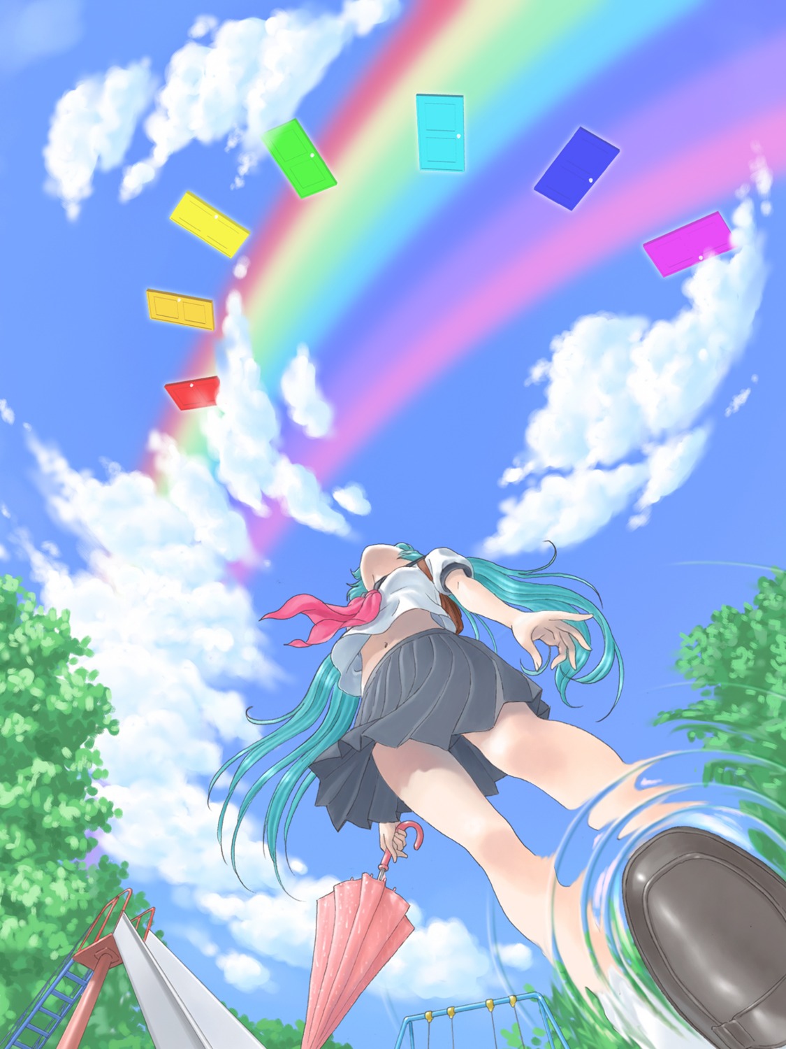 hata_hata, hatsune_miku, landscape, seifuku, umbrella, vocaloid