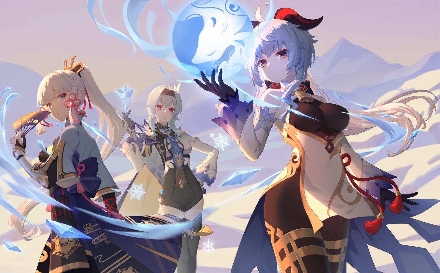 armor, asian_clothes, eula, ganyu, genshin_impact, heiyizhushenxia, horns, japanese_clothes, kamisato_ayaka, thighhighs