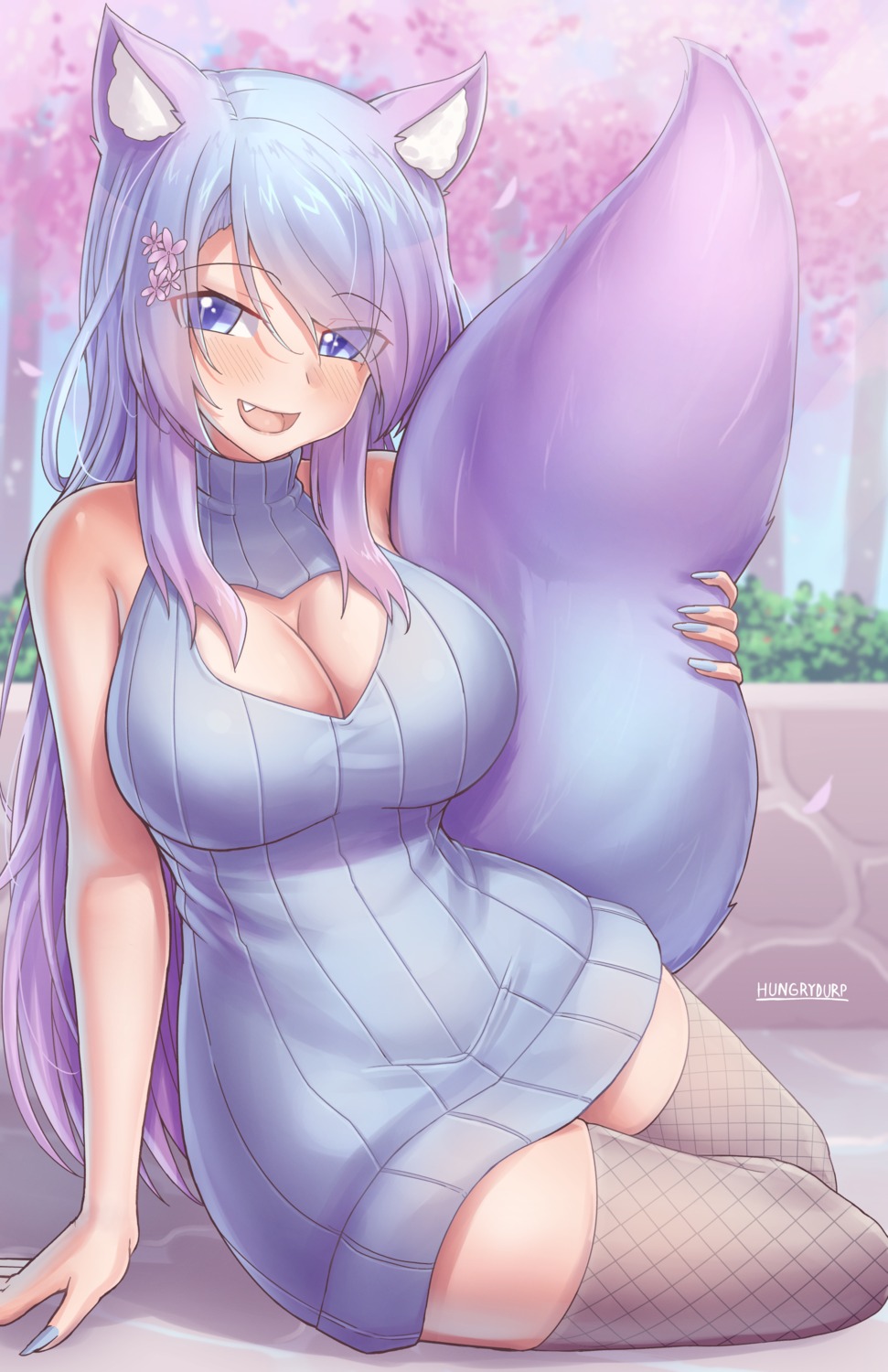 animal_ears, dress, fishnets, hungrydurp, indie_virtual_youtuber, silvervale, sweater, tail