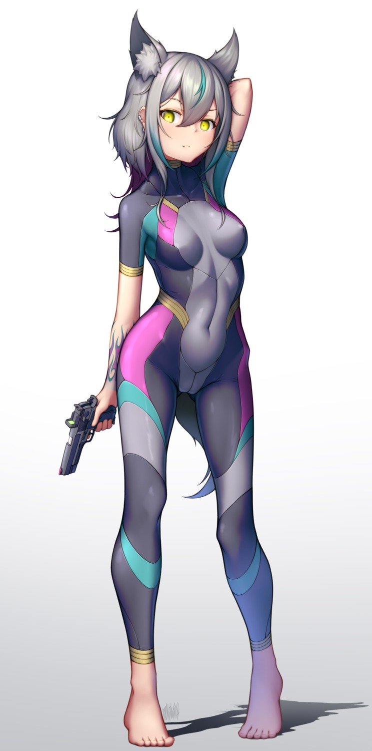 animal_ears, bodysuit, gun, nitrus, tail, tattoo