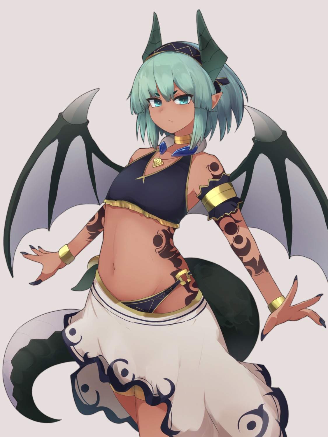 garter, horns, no_bra, pointy_ears, tail, tattoo, wings, yonaga