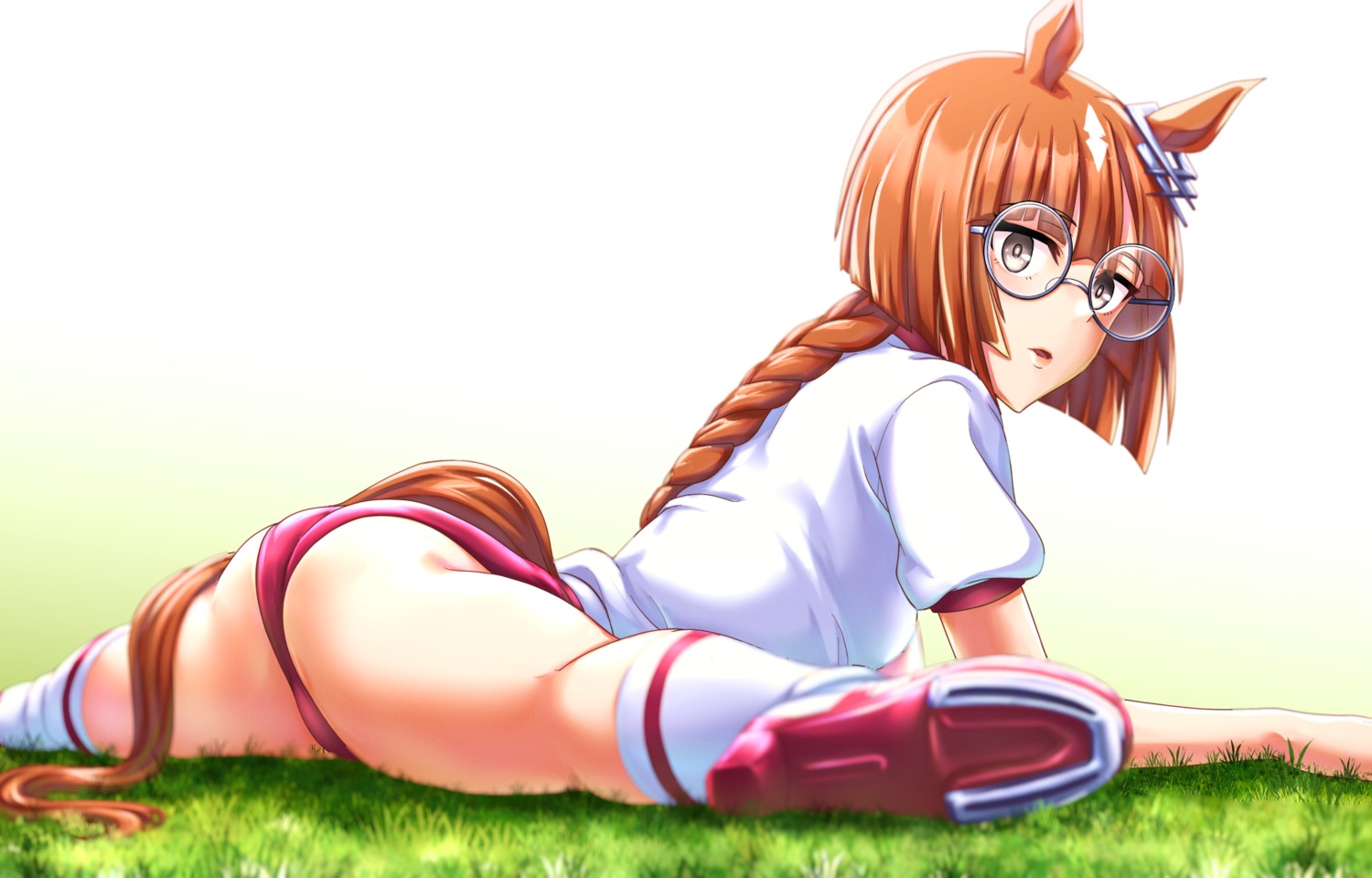 animal_ears, ass, buruma, gym_uniform, heels, ikuno_dictus_(umamusume), kobamiso_(kobalt), megane, tail, uma_musume_pretty_derby