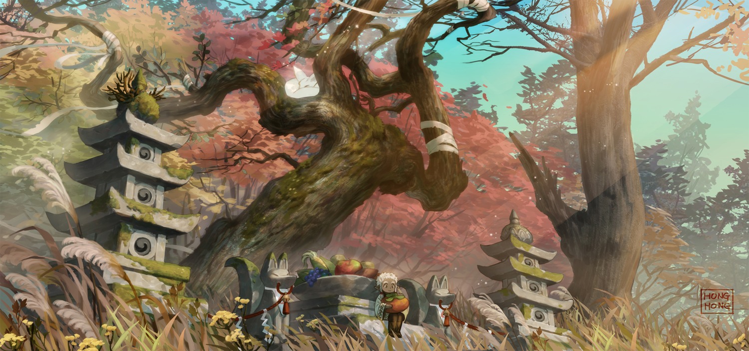hong_yun_ji, landscape, pointy_ears