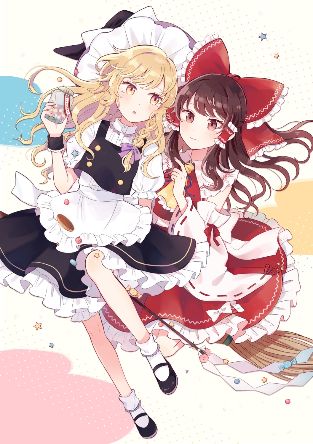 hakurei_reimu, kirisame_marisa, mozukuzu_(manukedori), skirt_lift, touhou, witch
