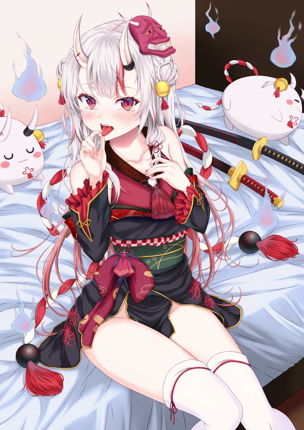 hololive, horns, japanese_clothes, nakiri_ayame, sword, takahashi, thighhighs