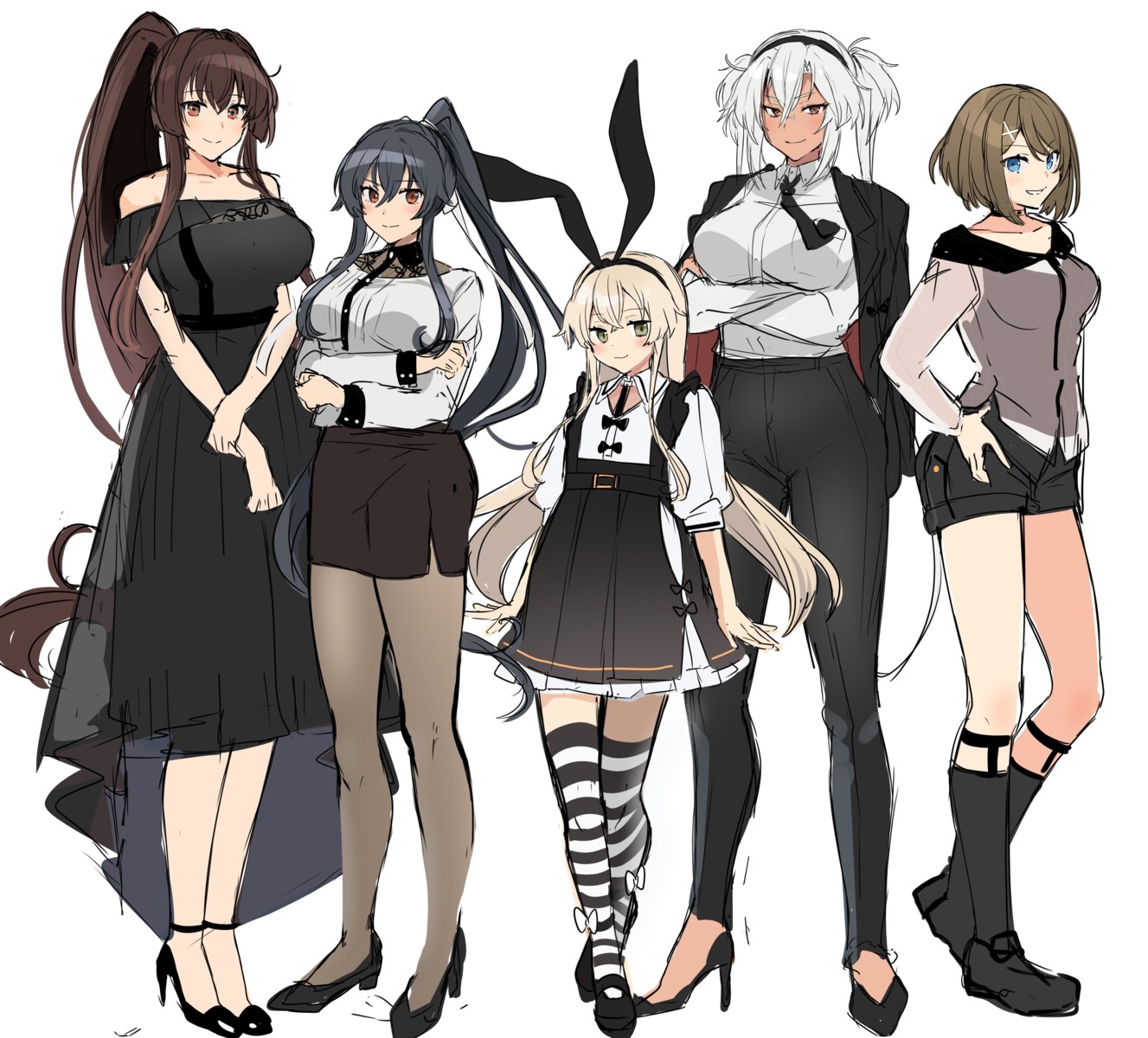 business_suit, dress, heels, kantai_collection, maya_(kancolle), musashi_(kancolle), pantyhose, shimakaze_(kancolle)