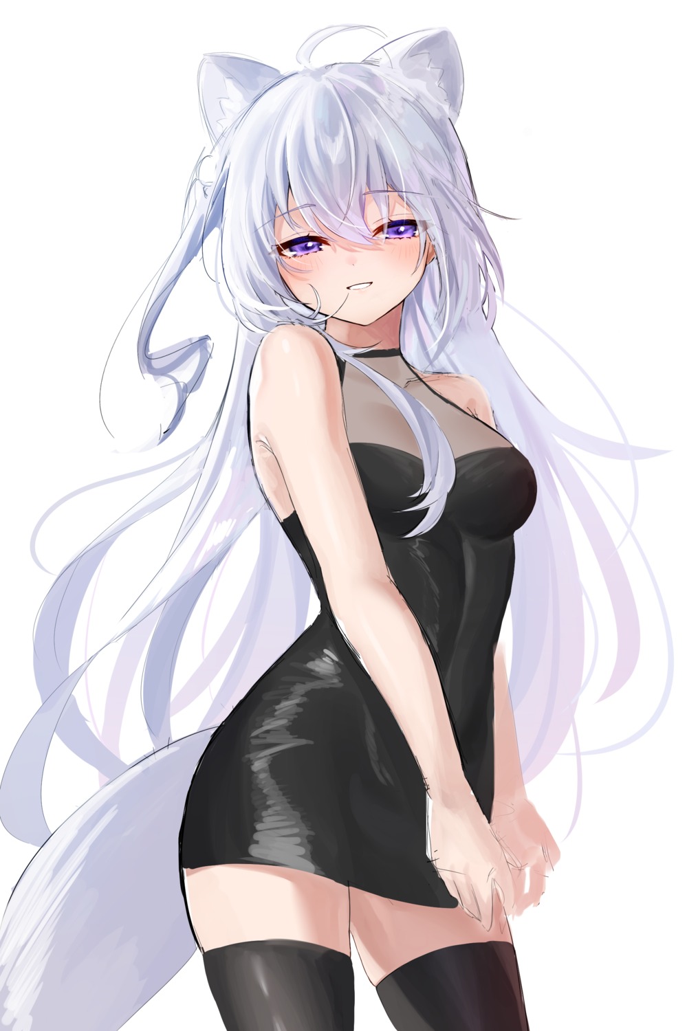 animal_ears, dress, kuki_panda_(wkdwnsgk13), no_bra, see_through, sketch, tail, thighhighs