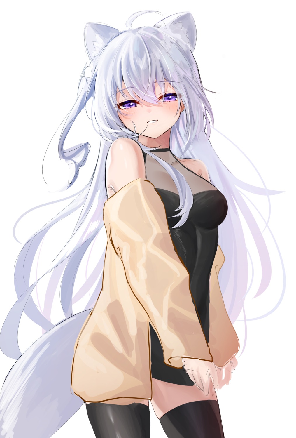 animal_ears, dress, kuki_panda_(wkdwnsgk13), no_bra, see_through, sketch, tail, thighhighs