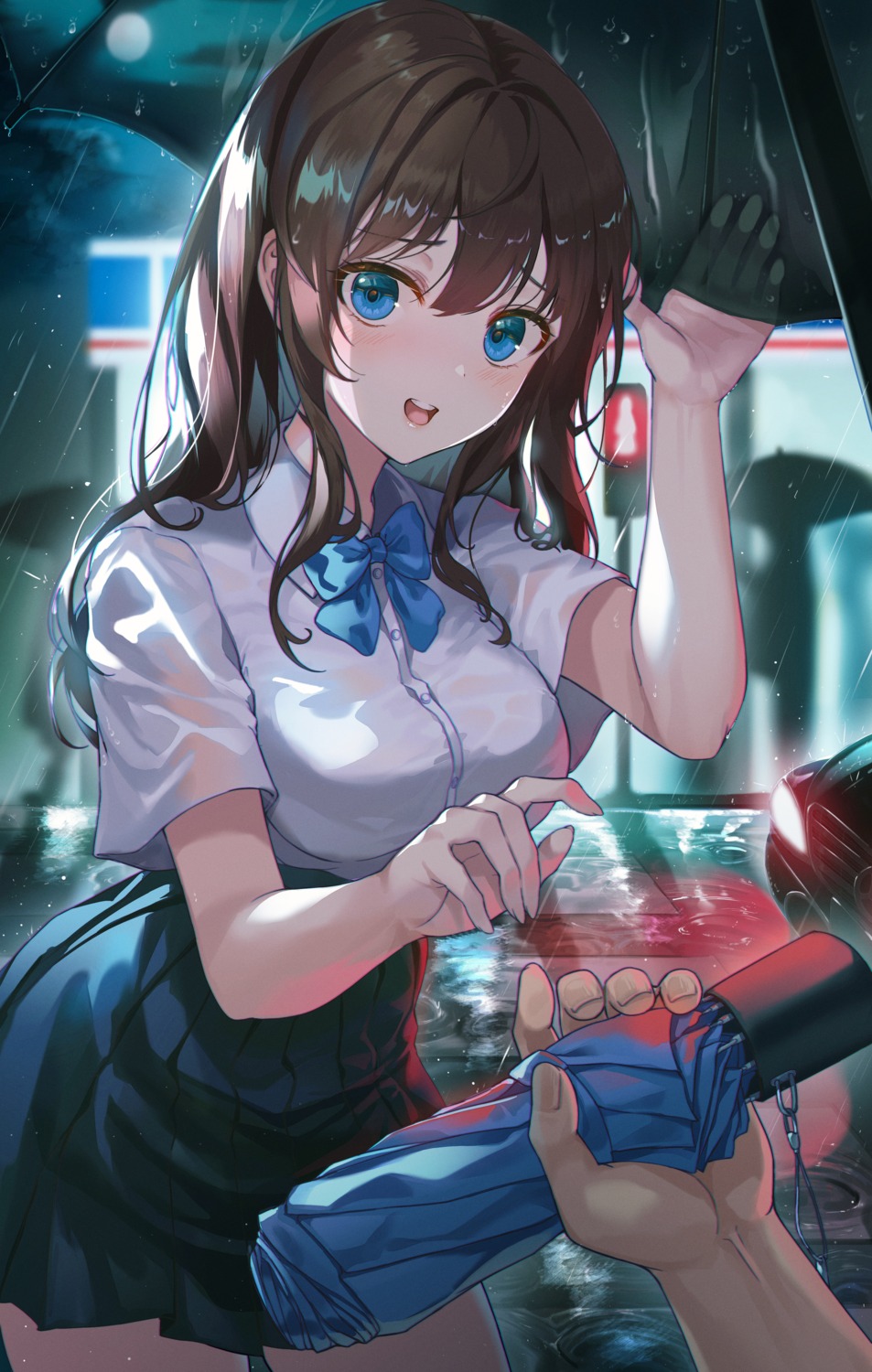 helawid, see_through, seifuku, umbrella, wet, wet_clothes