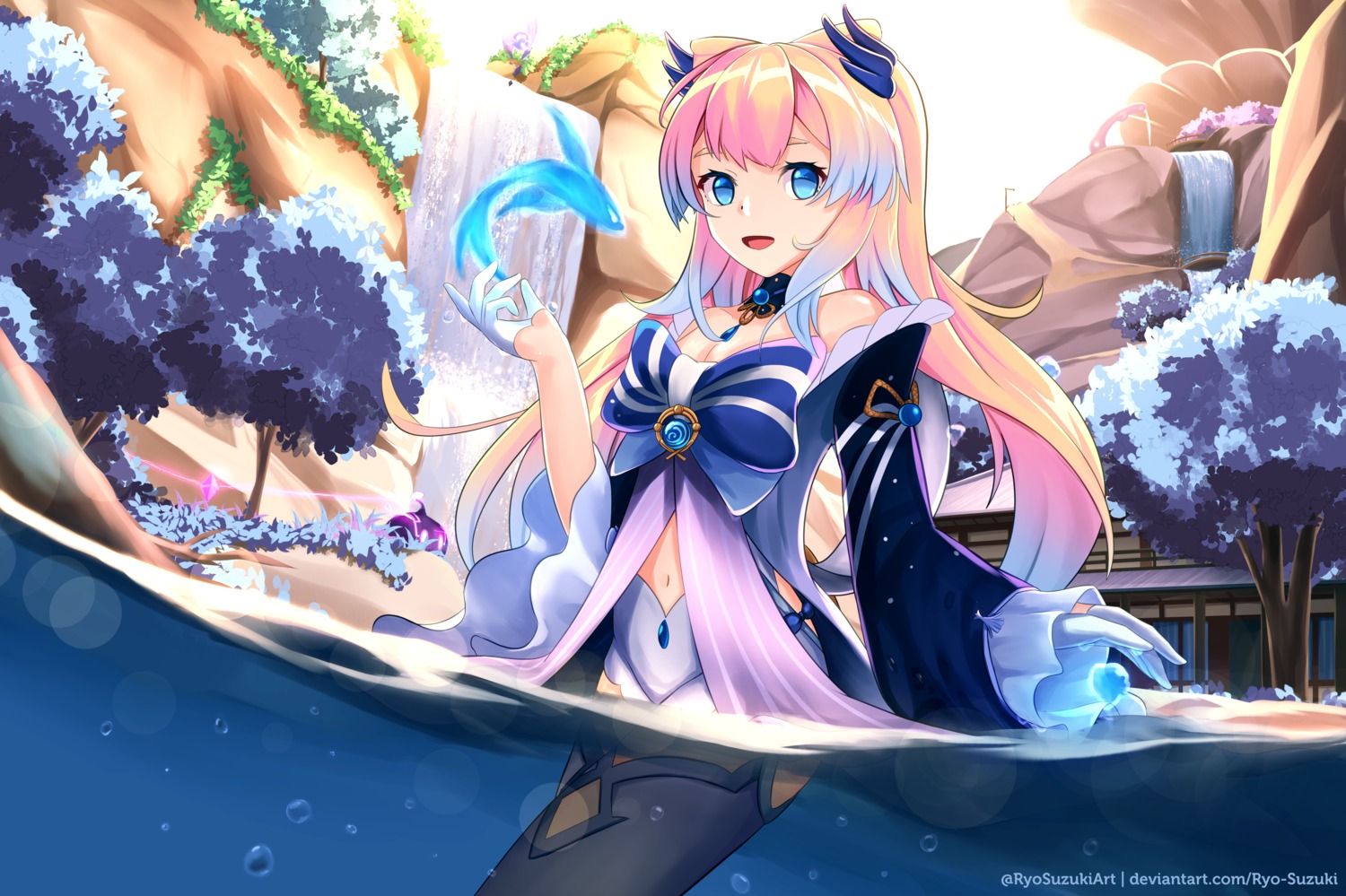 dress, genshin_impact, ryo-suzuki, sangonomiya_kokomi, thighhighs, wet