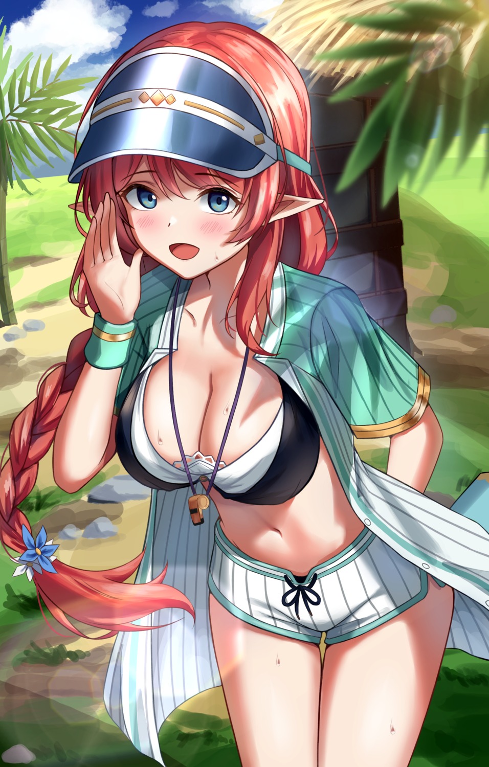 aikawa_misato, bikini, cleavage, open_shirt, pointy_ears, princess_connect!, princess_connect!_re:dive, rahy